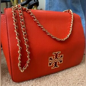TORY BURCH Orange Leather Chain Shoulder Bag Gold Hardware Crossbody 🔥